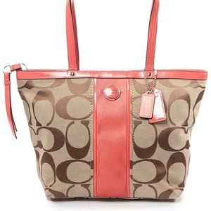 Coach Signature Stripe Tote Khaki & Bright Tearose